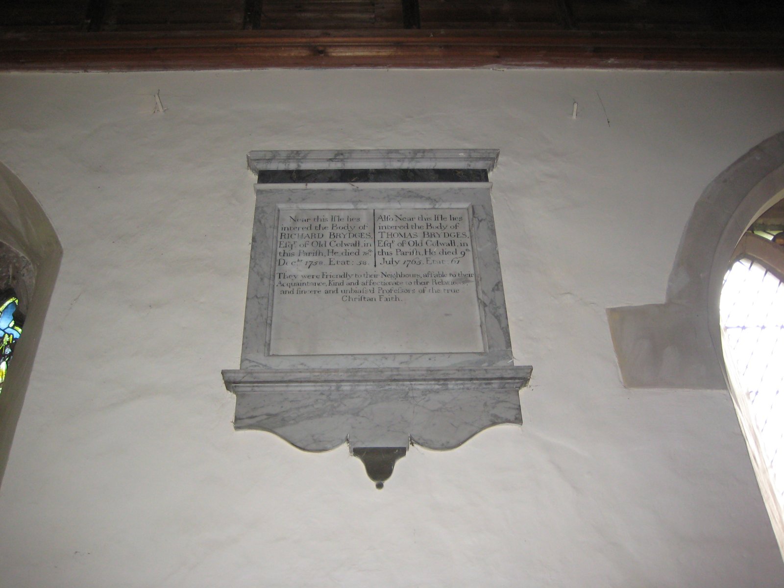 Marble memorial tablet to Richard Brydges (d. 1758) and Thomas Brydges (d. 1765) of Old Colwall, in Colwall church