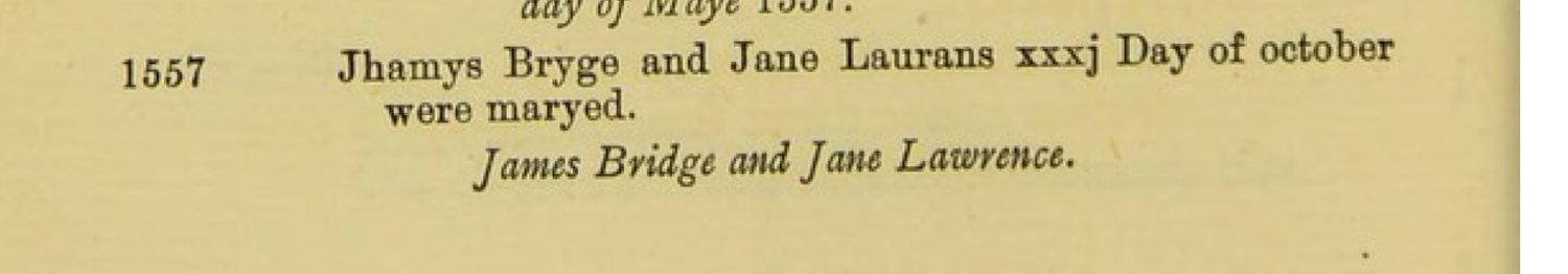 Printed Ledbury register, 1557: Jhamys Bryge and Jane Laurans married 31 October
