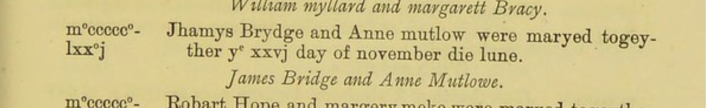 Printed Ledbury register, 1571: Jhamys Brydge and Anne Mutlow married 26 November