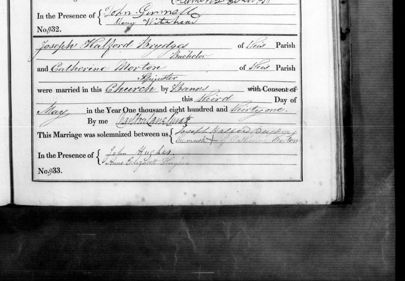 Marriage register entry no. 933, St Mary&rsquo;s Lambeth, 3 May 1831: Joseph Halford Brydges and Catherine Morton; his signature and her mark