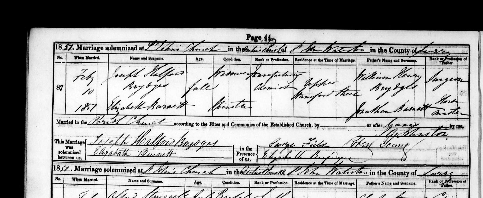 Marriage register entry no. 87, St John&rsquo;s Waterloo, 10 February 1851: Joseph Halford Brydges, widower, manufacturing chemist, and Elizabeth Barnett; father named William Henry Brydges, surgeon
