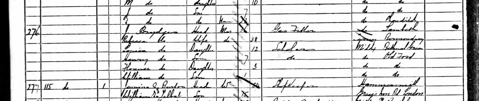 Extract of the 1881 census, Bow: schedule 276, J. Brydges, gas fitter, with Rebecca and four children