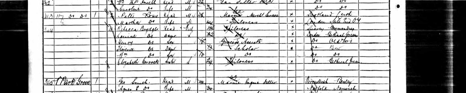 Extract of the 1891 census, West Ham: schedule 344, Rebecca Brydges, widow, tailoress, with four children and her sister Elizabeth Corrock