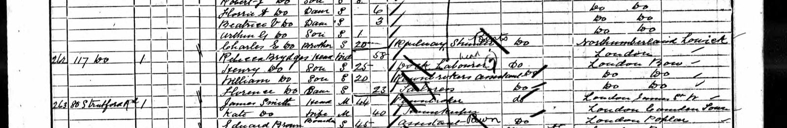 Extract of the 1901 census, West Ham: schedule 262, Rebecca Brydges at 117 East Road with Henry, William and Florence