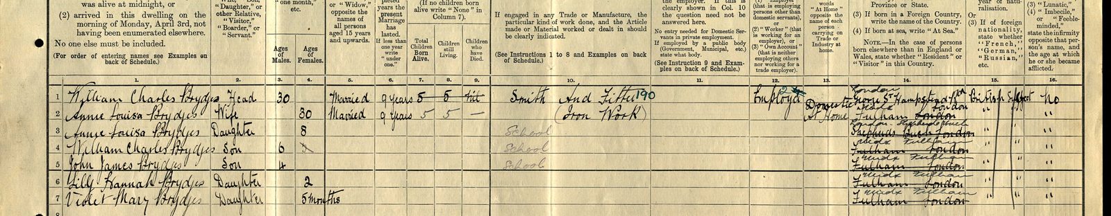 The 1911 census schedule of William Charles Brydges, 130 Townmead Road, Fulham: himself, Annie Louisa and five children
