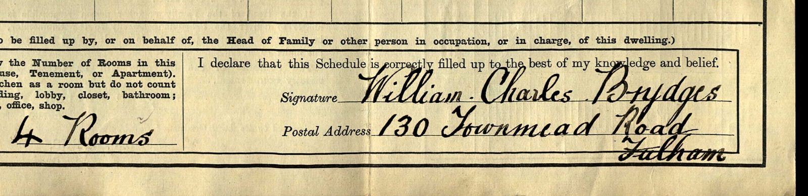 The signature of William Charles Brydges on his 1911 census schedule
