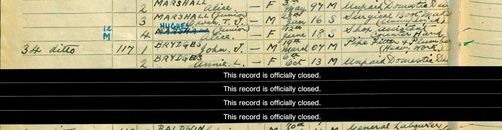 Extract of the 1939 Register: schedule 117, 34 Hamble Street, Fulham: John J. Brydges, pipe fitter and plumber, and Annie L.; closed entries beneath