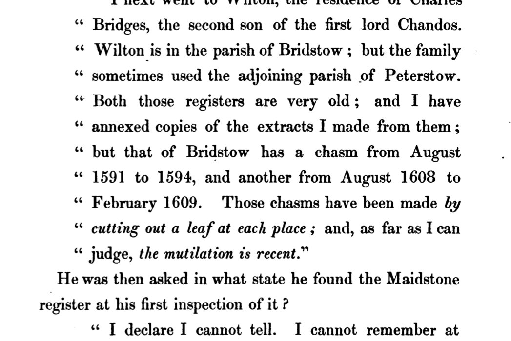 Beltz, page 92: the deposition on the Bridstow register, with chasms made by cutting out a leaf at each place, the mutilation recent