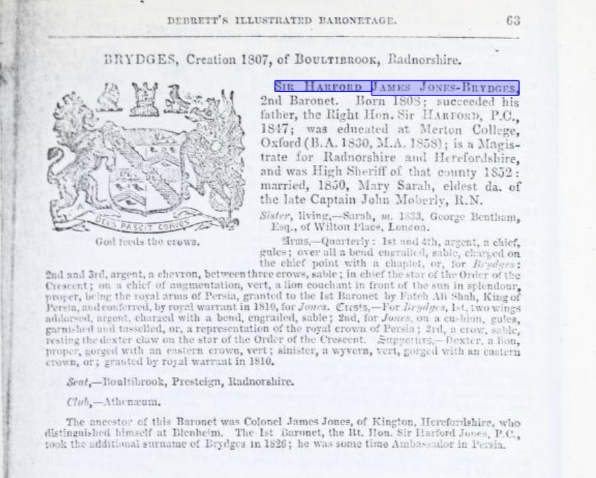 Debrett&rsquo;s Illustrated Baronetage, page 63: Brydges of Boultibrook, with the engraved achievement, the quartered arms, the crests, the supporters and the motto
