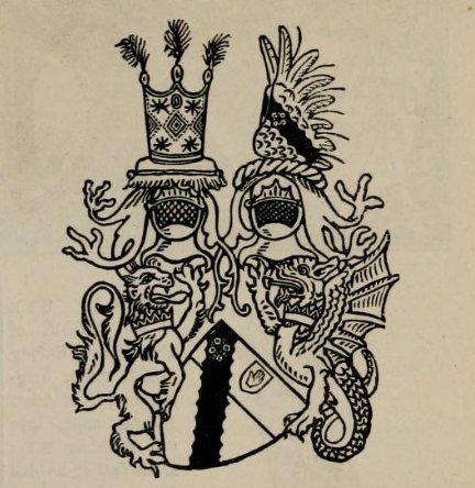 The engraved achievement of Jones-Brydges: two helms with the Persian crown and the winged crest, a lion and a wyvern as supporters, over the quartered shield