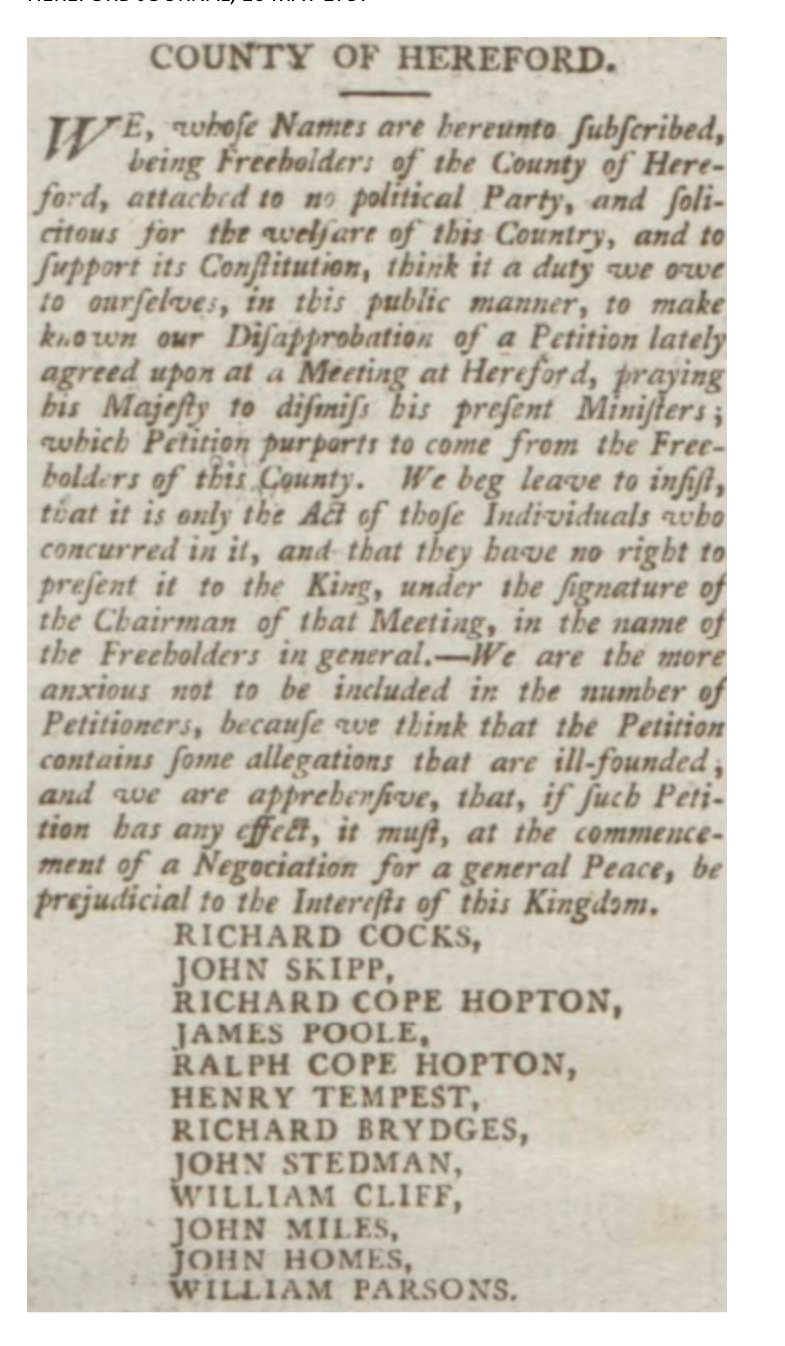 The Hereford Journal of 10 May 1797: the declaration of twelve freeholders of the county, with Richard Brydges seventh among the signatures